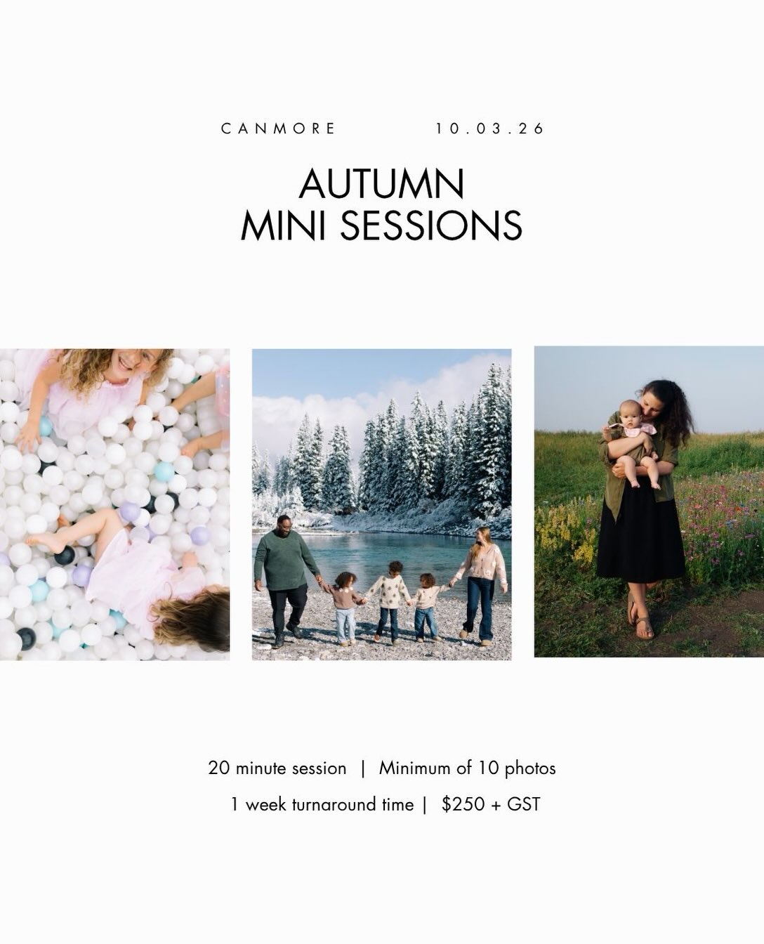 I’m going to be doing mini sessions in Canmore on October 3rd.
They’ll be 20 minute sessions, just enough time to get some family photos, document this little season of life, and hopefully have some fun while we’re at it.
If you’ve been meaning to get some photos of your family, this is your sign. 🫶
Link in profile